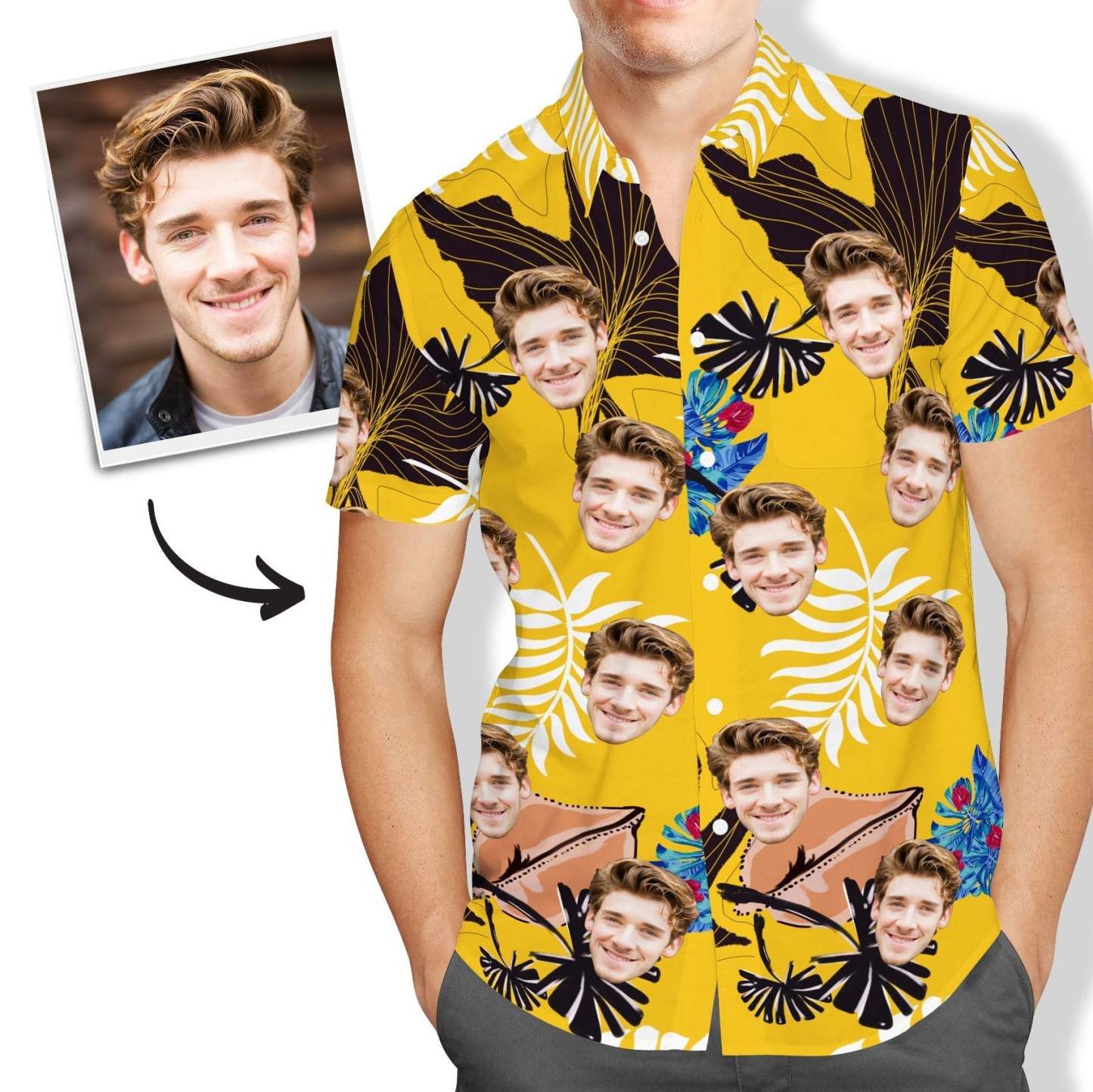 Custom Face Yellow Hawaiian Shirt Mens All Over Print - MakePhotoPuzzleUK