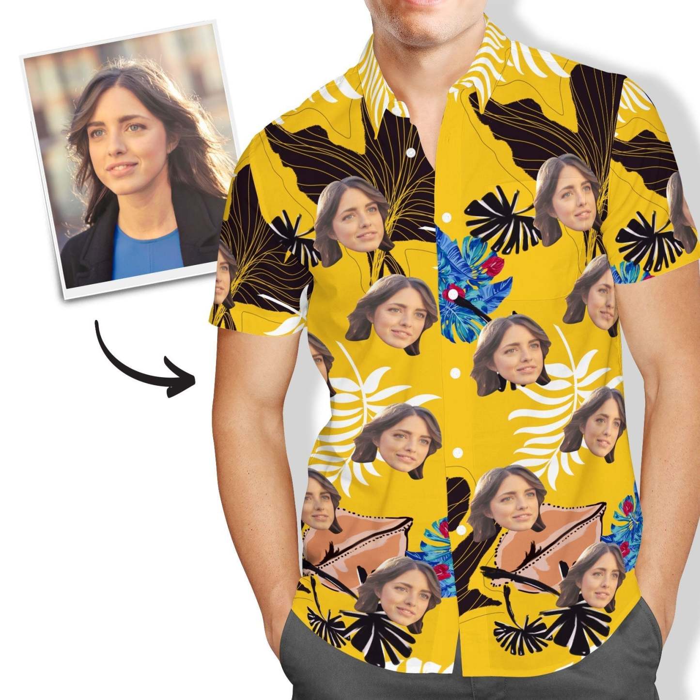 Custom Face Yellow Hawaiian Shirt Mens All Over Print - MakePhotoPuzzleUK
