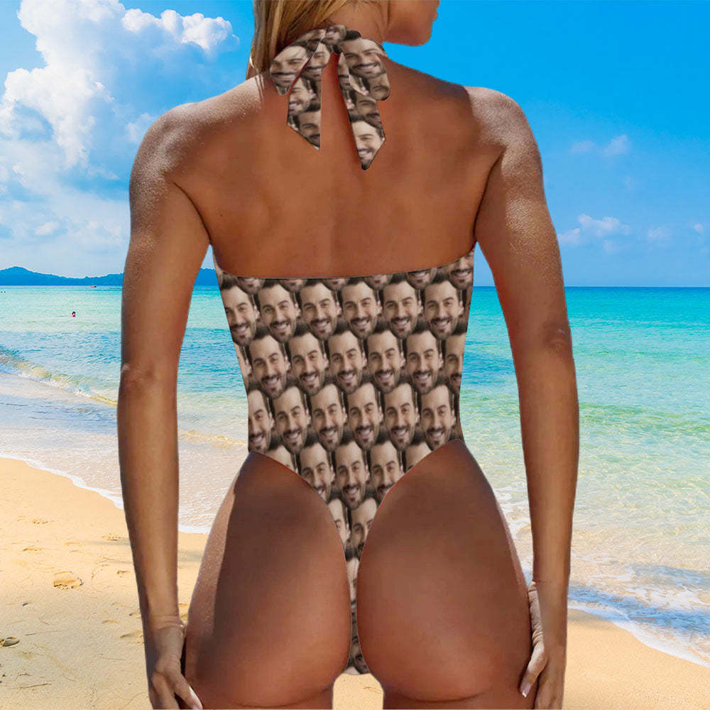 Personalized Face Women's Halter High Cut One-Piece Swimsuit Unique Gift for Her - Myphotomugs