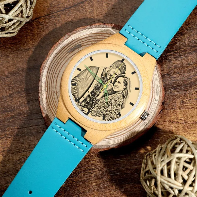 custom-men's Engraved Wooden Photo Watch Blue Leather Strap - Bamboo - photowatch