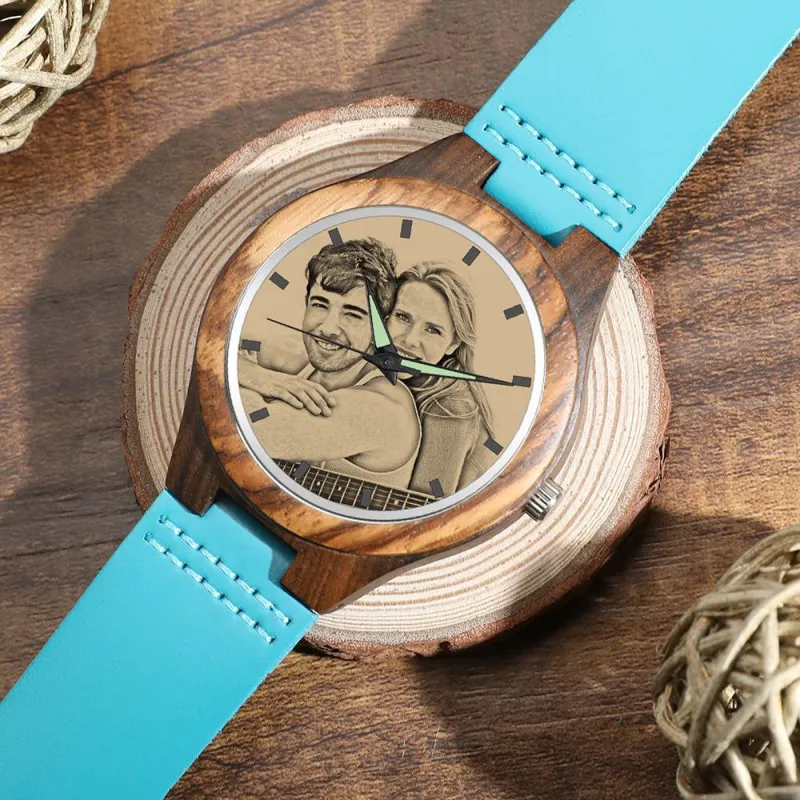 custom-men's Engraved Wooden Photo Watch Blue Leather Strap - Sandalwood - photowatch