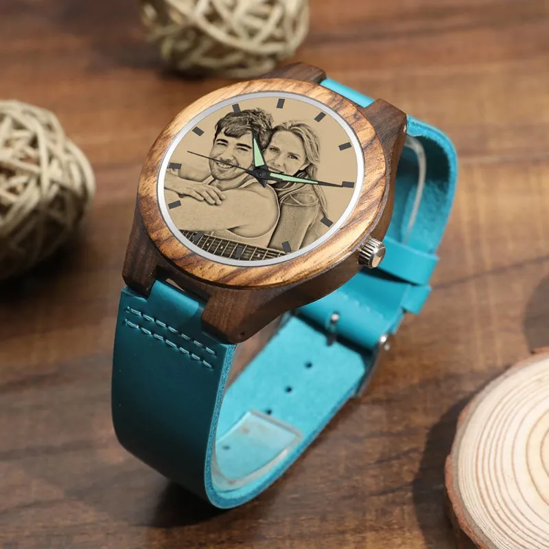 custom-men's Engraved Wooden Photo Watch Blue Leather Strap - Sandalwood - photowatch