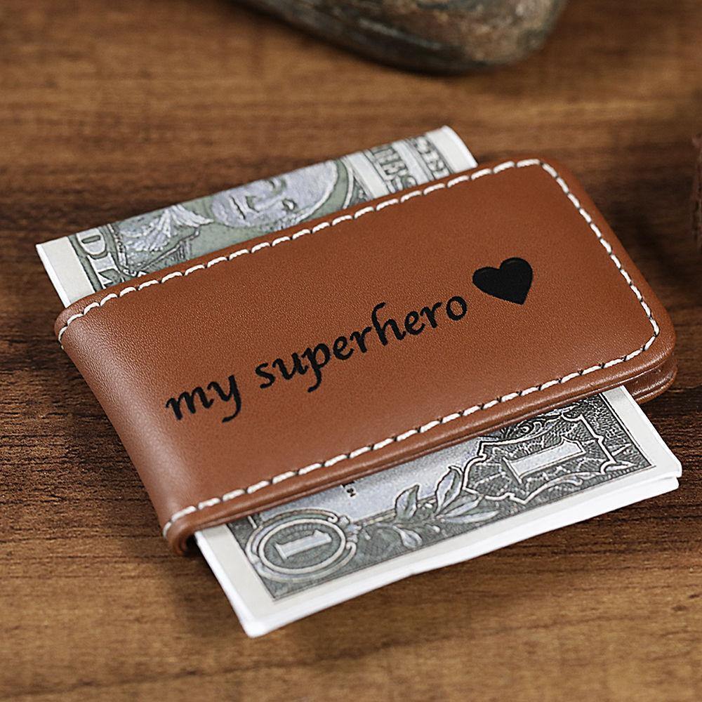Engraved Money Clip Keepsake Gift Leather Brown - Myphotomups