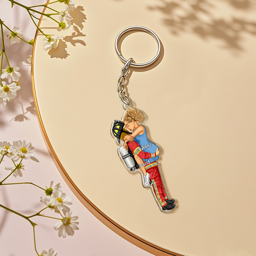 Personalized Keychain Couple Portrait Firefighter Gifts Occupation Keychain
