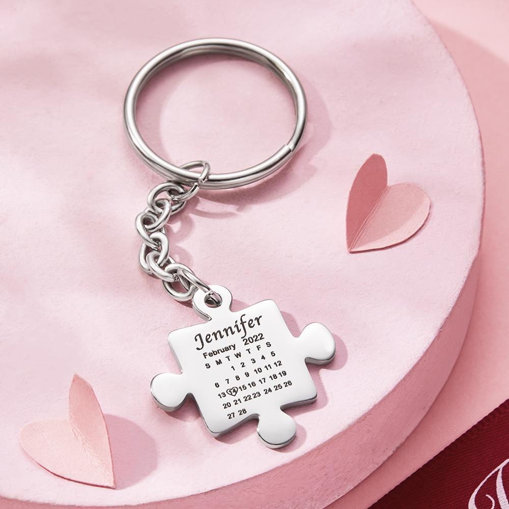 Custom Calendar Keychain Engraved Puzzle Keychain Anniversary Gift for Couple - Myphotomugs
