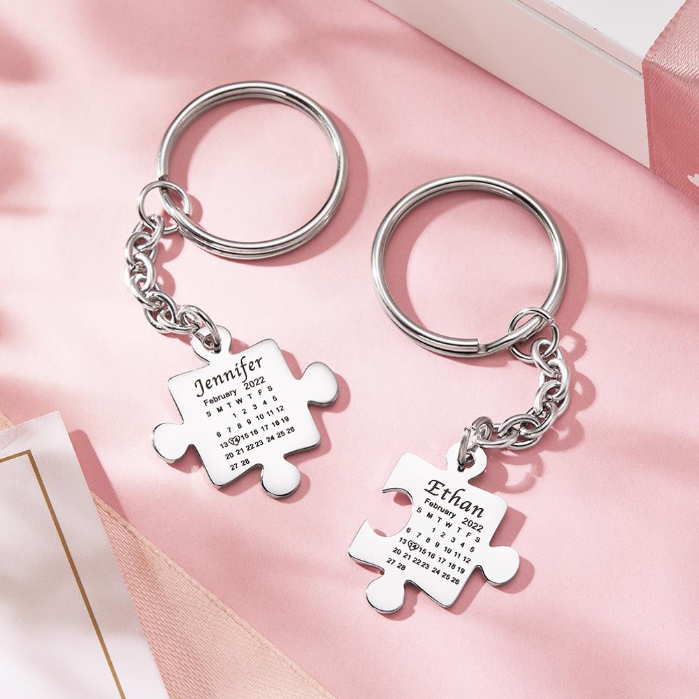 Custom Calendar Keychain Engraved Puzzle Keychain Anniversary Gift for Couple - Myphotomugs