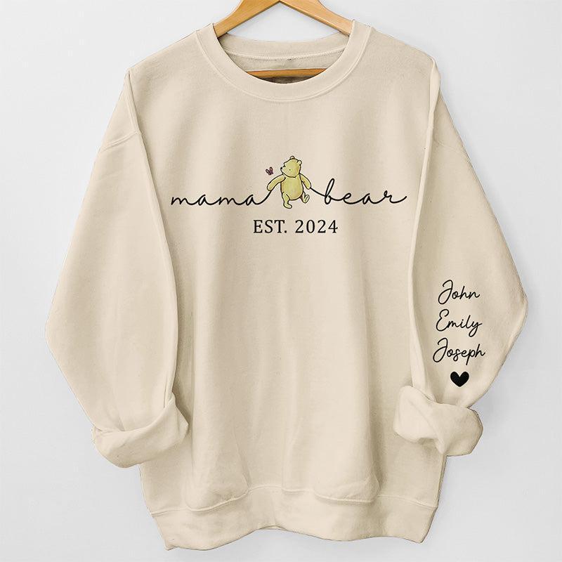 Custom Mama Bear Sweatshirt, Mama Est with Kid Name on Sleeve Sweatshirt