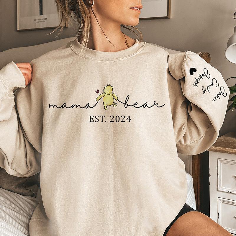 Custom Mama Bear Sweatshirt, Mama Est with Kid Name on Sleeve Sweatshirt