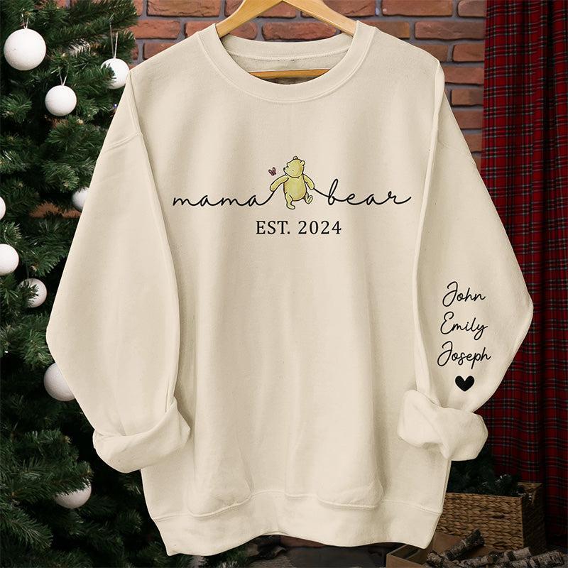 Custom Mama Bear Sweatshirt, Mama Est with Kid Name on Sleeve Sweatshirt