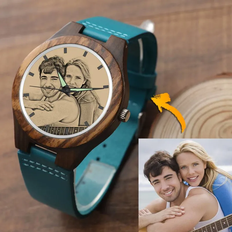 custom-men's Engraved Wooden Photo Watch Blue Leather Strap - Sandalwood - photowatch
