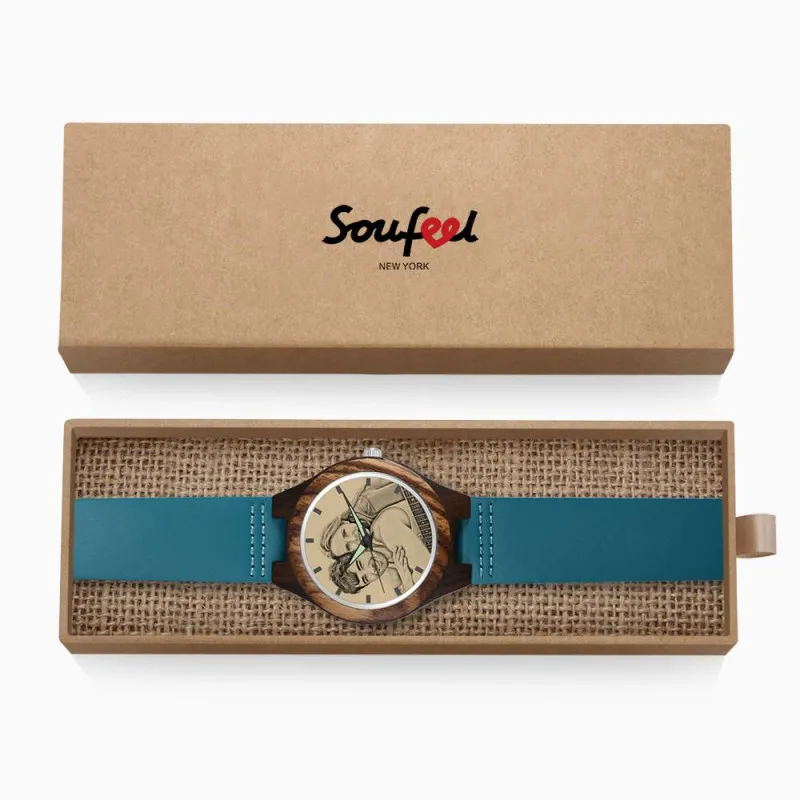 custom-men's Engraved Wooden Photo Watch Blue Leather Strap - Sandalwood - photowatch