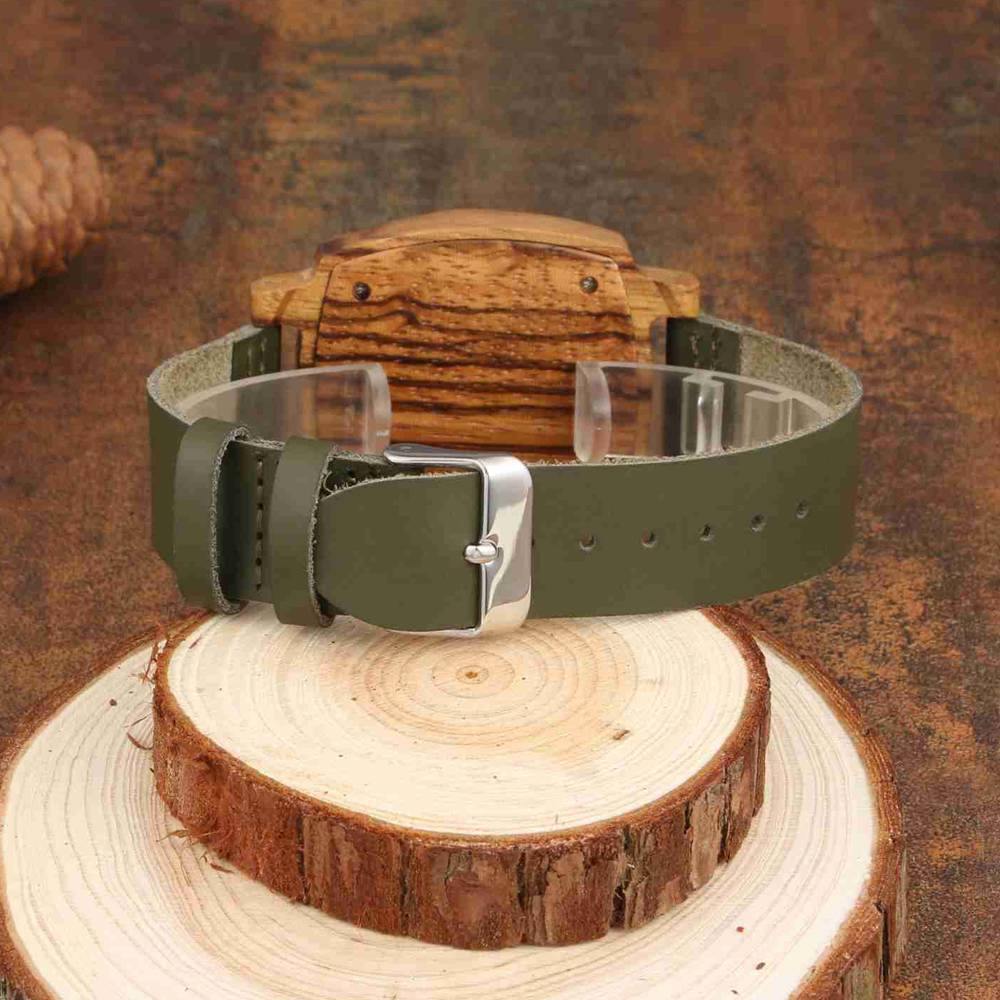 custom-men's Engraved Bamboo Photo Watch Dark Green Leather Strap 45mm - photowatch
