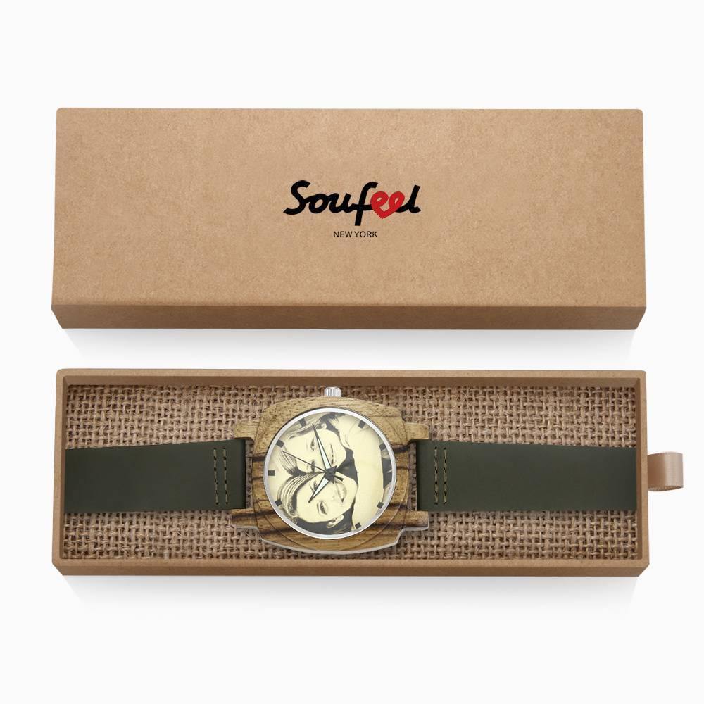 custom-men's Engraved Bamboo Photo Watch Dark Green Leather Strap 45mm - photowatch