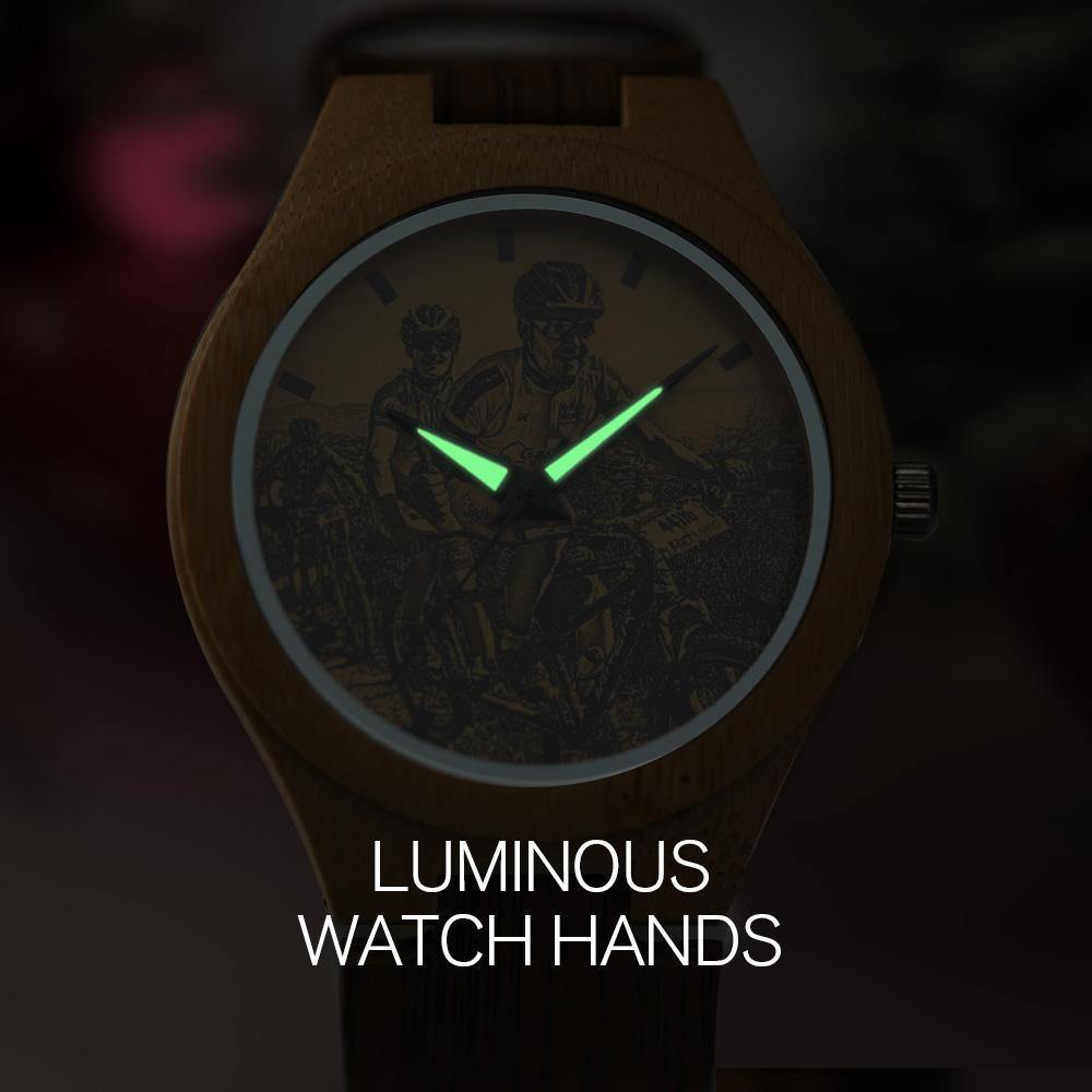 Custom Engraved Wooden Photo Watch Brown Cow Leather Strap - photowatch