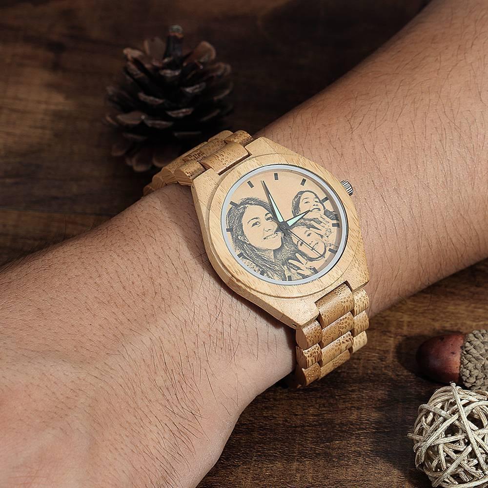 custom-men's Engraved Bamboo Photo Watch Wooden Strap 45mm - photowatch