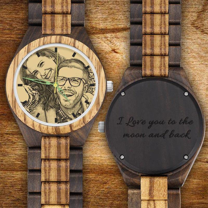 custom-men's Engraved Wooden Photo Watch Wooden Strap 45mm - photowatch