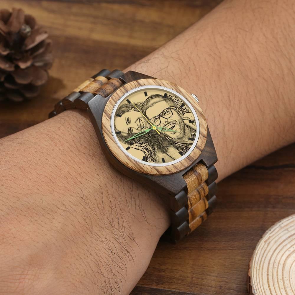 custom-men's Engraved Wooden Photo Watch Wooden Strap 45mm - photowatch