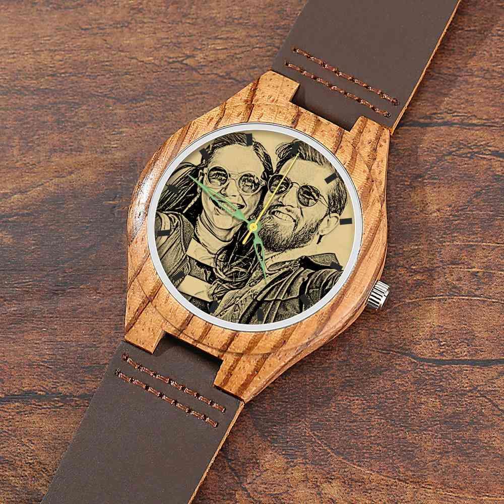 custom-men's Engraved Wooden Photo Watch Brown Leather Strap 45mm - photowatch