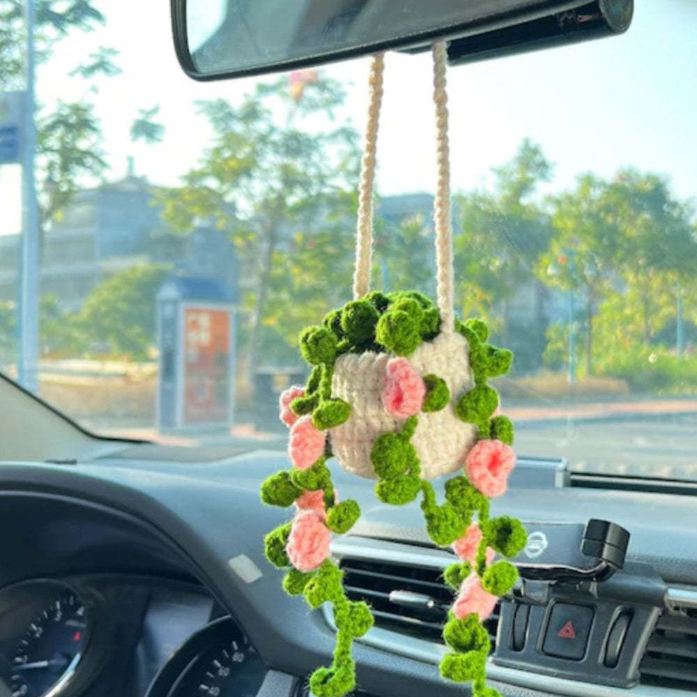 Cute Potted Plants Crochet Car Mirror Hanging Accessories Gift for Handicraft Lover - Myphotomugs