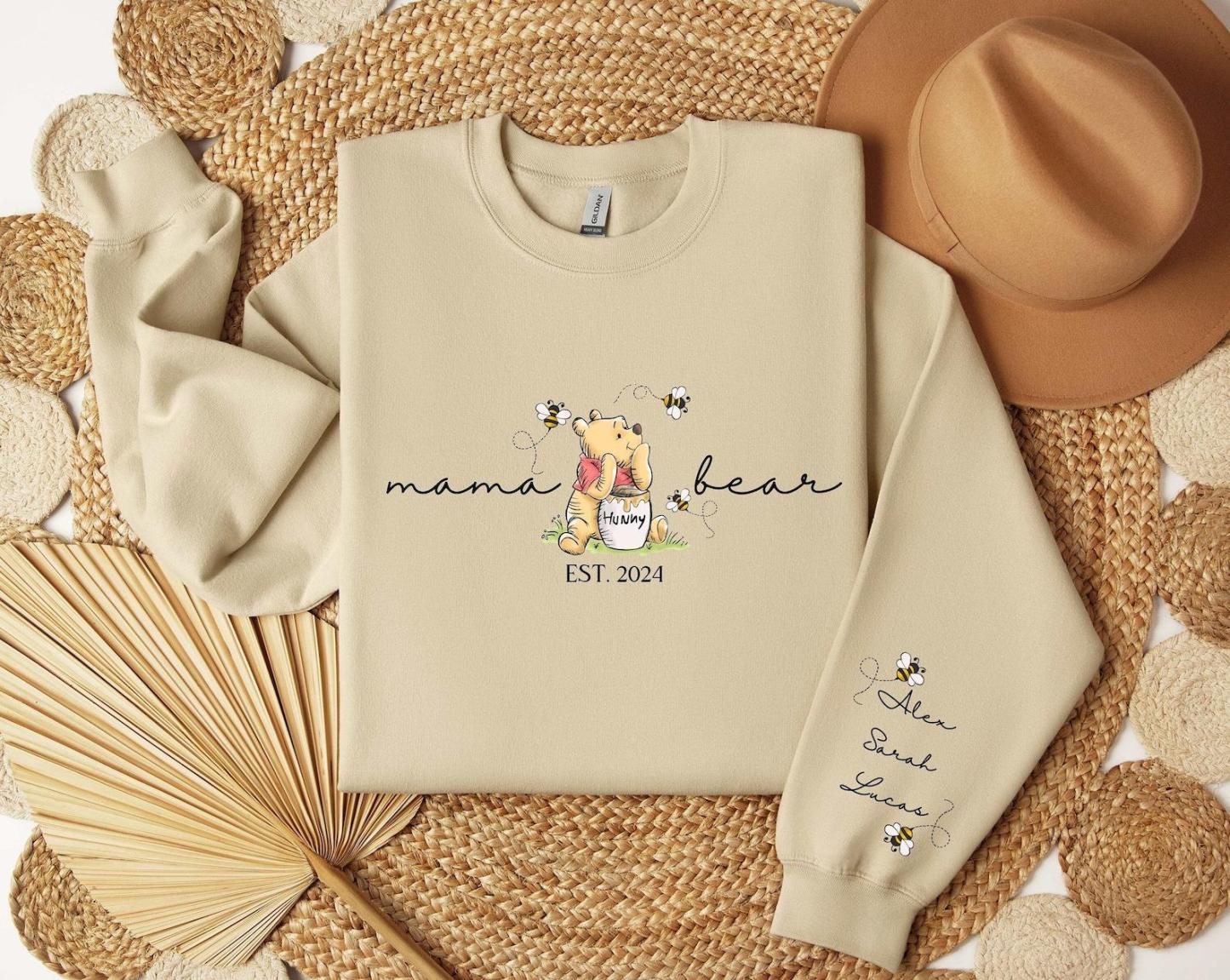 Custom mama sweatshirt with her kids name printed on sleeve and her est year