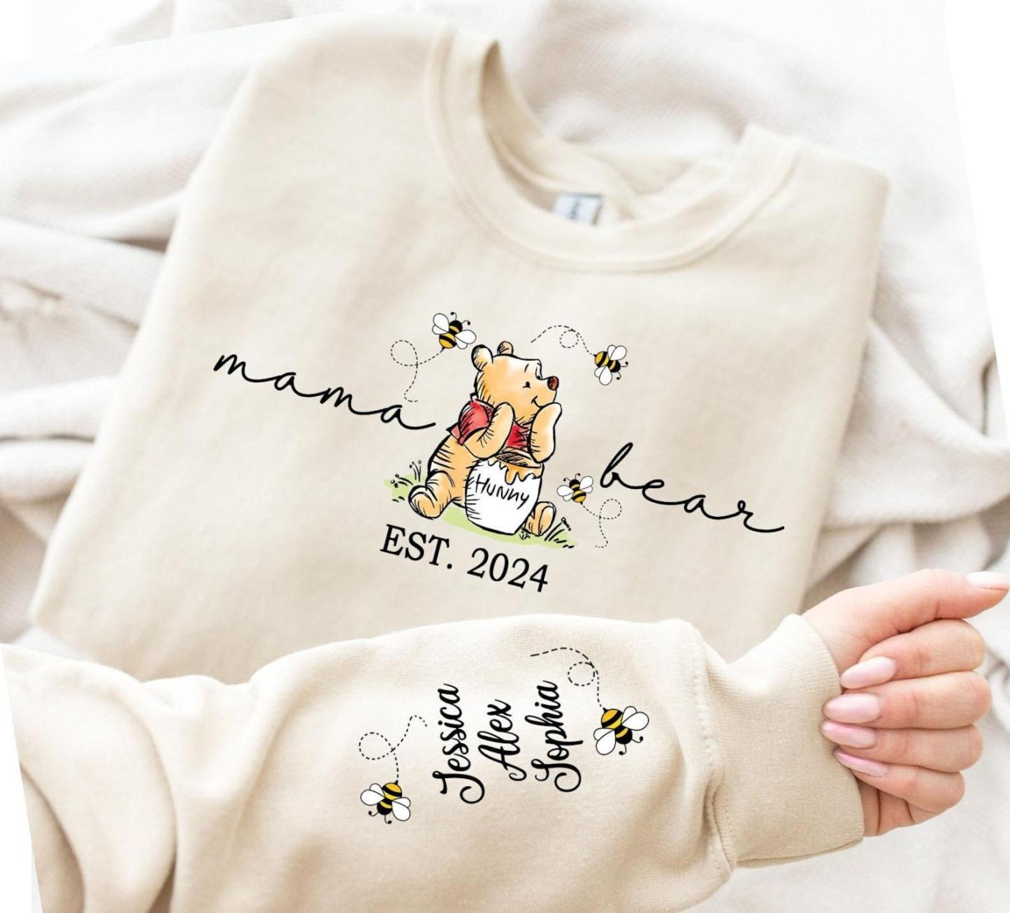 Custom mama sweatshirt with her kids name printed on sleeve and her est year