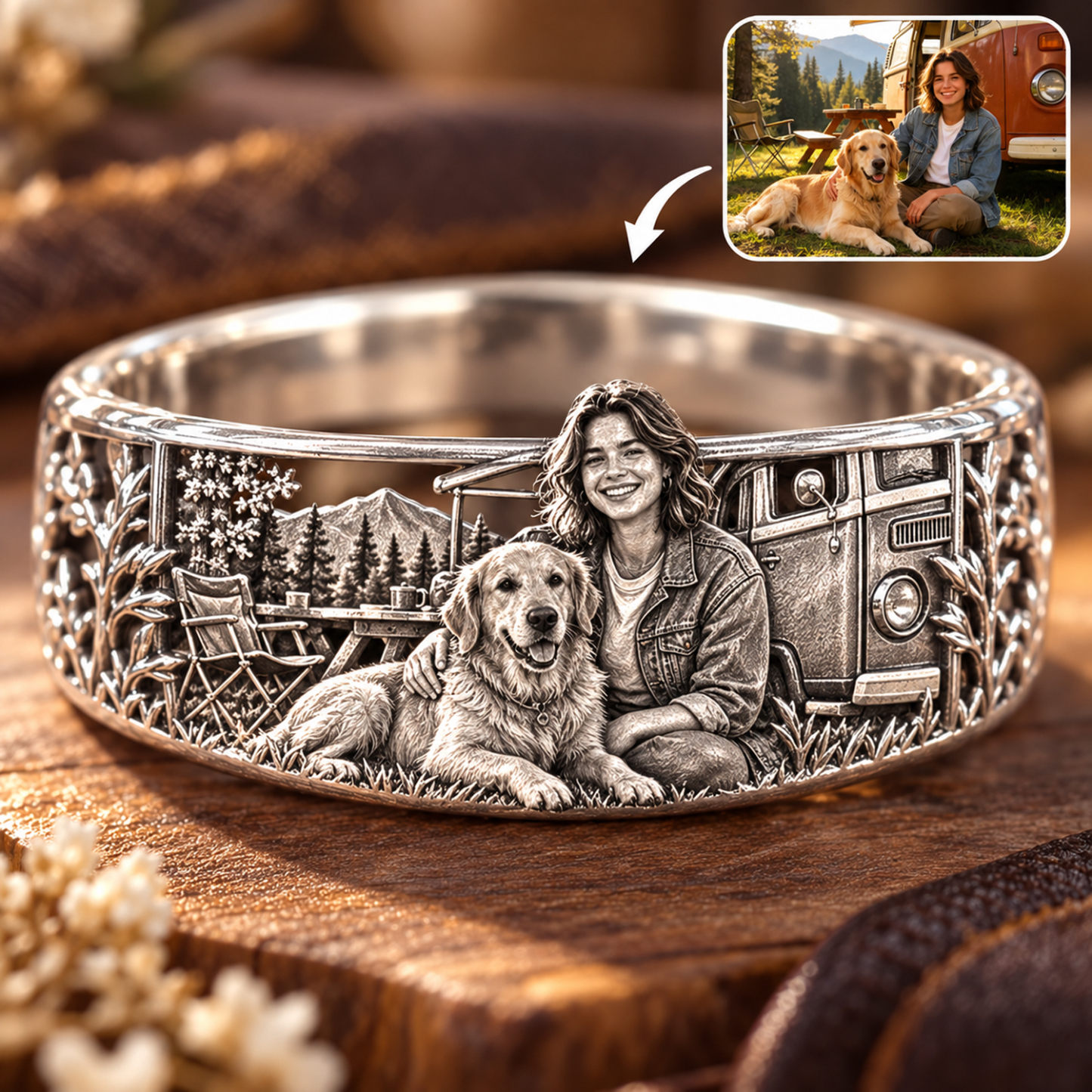Personalized S925 Sterling Silver 3D Sculpted Golden Retriever Ring Custom Photo Pet Relief Ring Unique Pet Memorial Jewelry Gift for Dog Mom