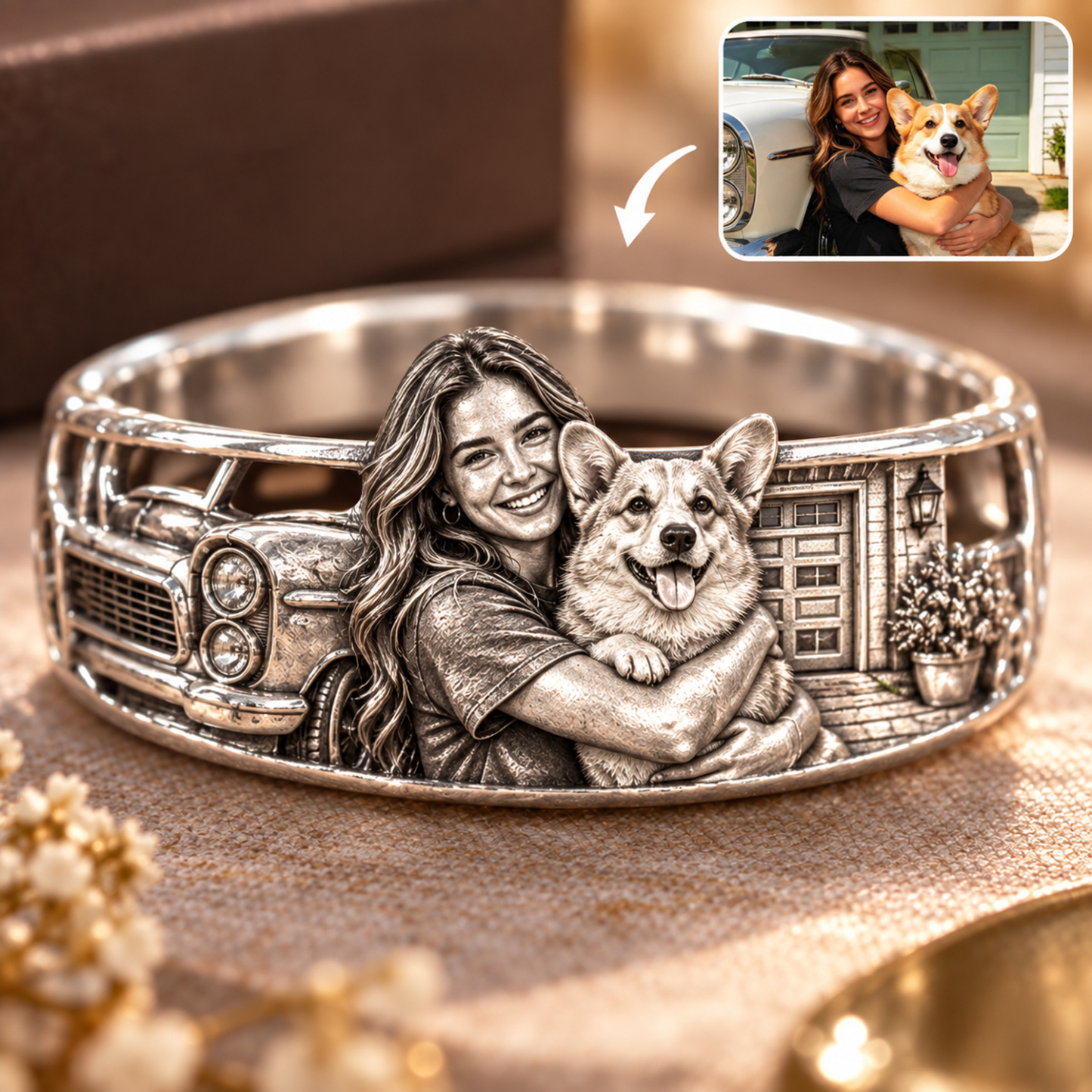 Personalized S925 Sterling Silver 3D Sculpted Corgi Ring Custom Photo Pet Relief Ring Unique Pet Memorial Jewelry Gift for Dog Mom
