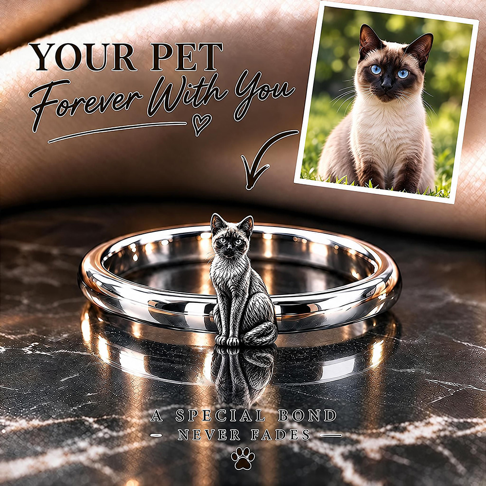 Personalized 3D Embossed Cat Ring Custom 925 Sterling Silver Full Body Siamese Jewelry Memorial Pet Lover Gift