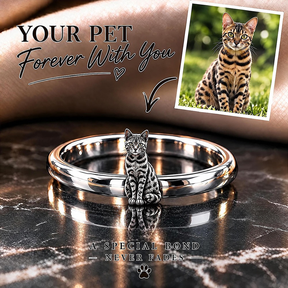 Personalized 3D Embossed Cat Ring Custom 925 Sterling Silver Full Body Bengal Jewelry Memorial Pet Lover Gift