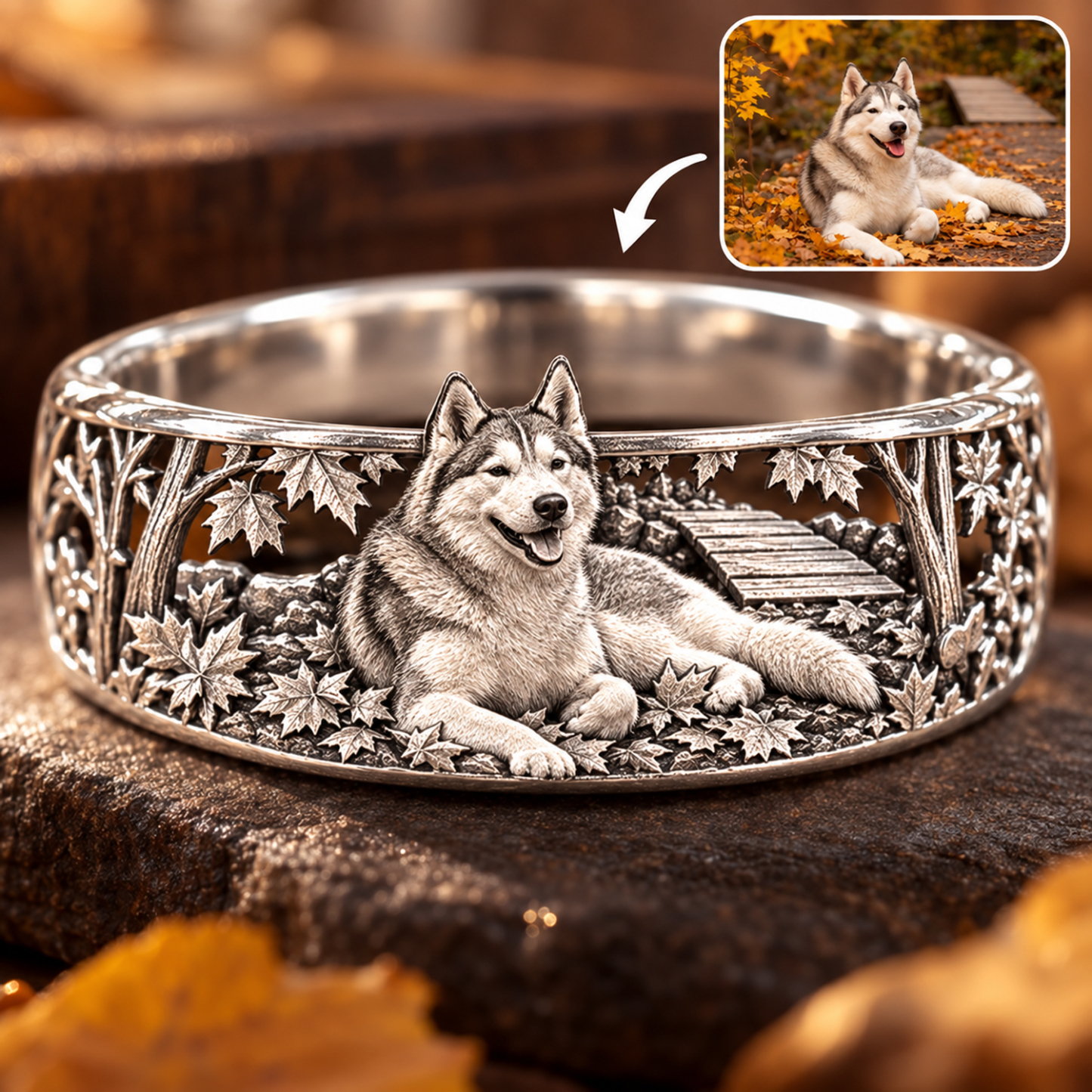 Personalized S925 Sterling Silver 3D Sculpted Husky Ring Custom Photo Pet Relief Ring Unique Pet Memorial Jewelry Gift for Dog Mom