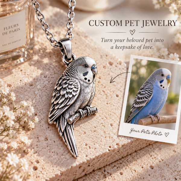 Personalized 3D Pet Photo Necklace Custom 925 Sterling Silver Budgie Pendant Jewelry Gift for Pet Mom