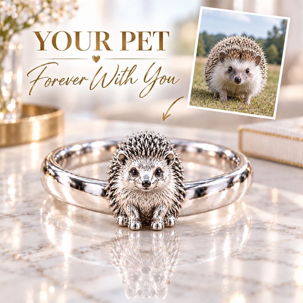 Personalized 3D Embossed Pet Ring Custom 925 Sterling Silver Full Body African Pygmy Hedgehog  Jewelry Memorial Pet Lover Gift