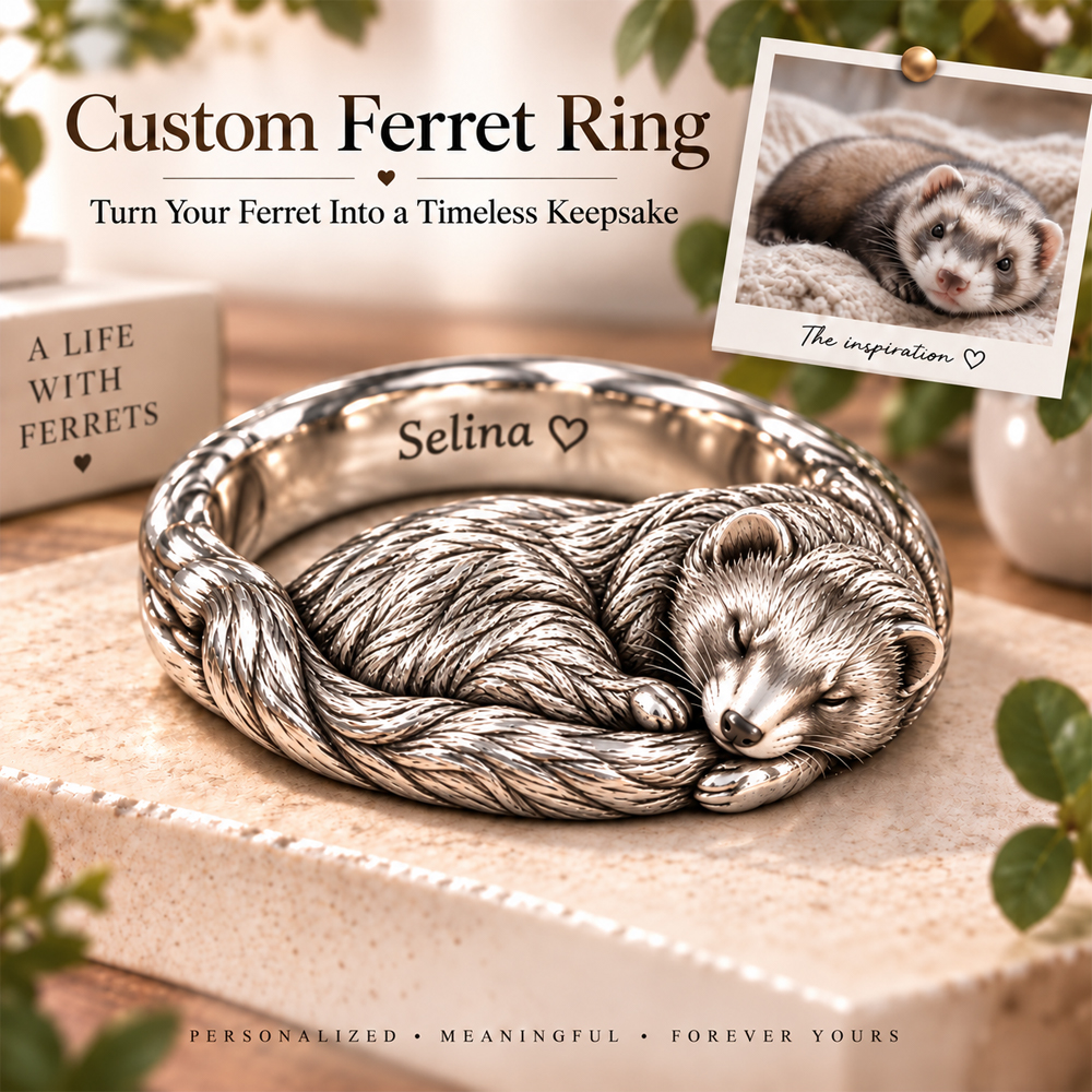 Custom 3D Embossed Sleeping Pet Ring Personalized 925 Sterling Silver Photo Ferret Ring Cat Memorial Gift