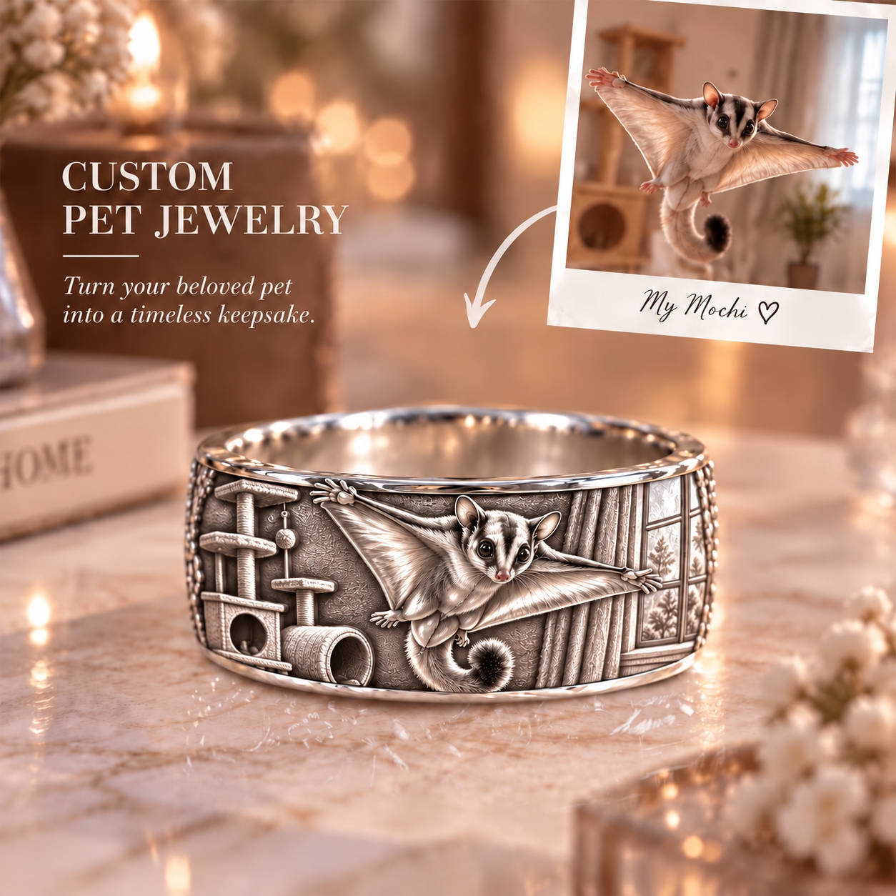 Personalized S925 Sterling Silver 3D Sculpted Sugar Glider Ring Custom Photo Pet Relief Ring Unique Pet Memorial Jewelry Gift for Pet Mom