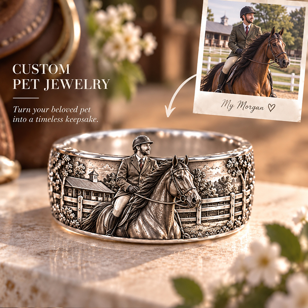 Personalized S925 Sterling Silver 3D Sculpted Horse Ring Custom Photo Pet Relief Ring Unique Pet Memorial Jewelry Gift for Pet Mom