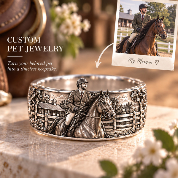 Personalized S925 Sterling Silver 3D Sculpted Horse Ring Custom Photo Pet Relief Ring Unique Pet Memorial Jewelry Gift for Pet Mom