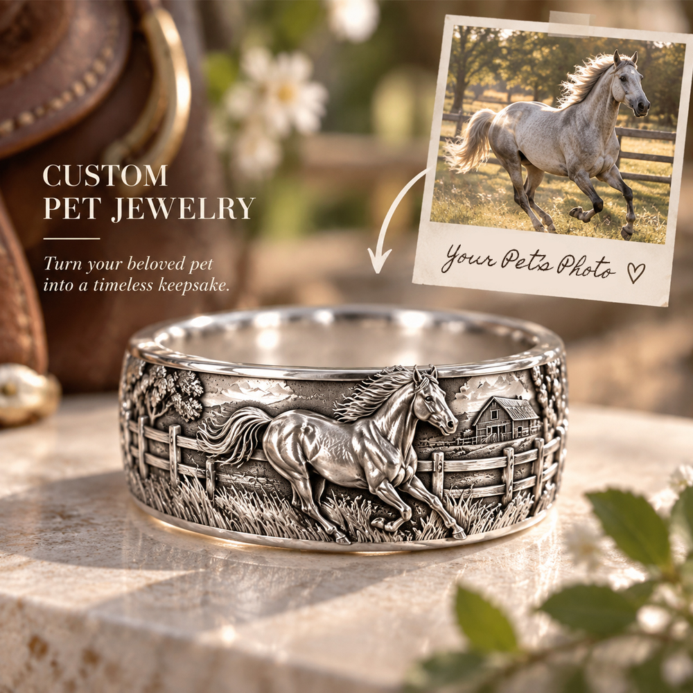 Personalized S925 Sterling Silver 3D Sculpted Horse Ring Custom Photo Pet Relief Ring Unique Pet Memorial Jewelry Gift for Pet Mom