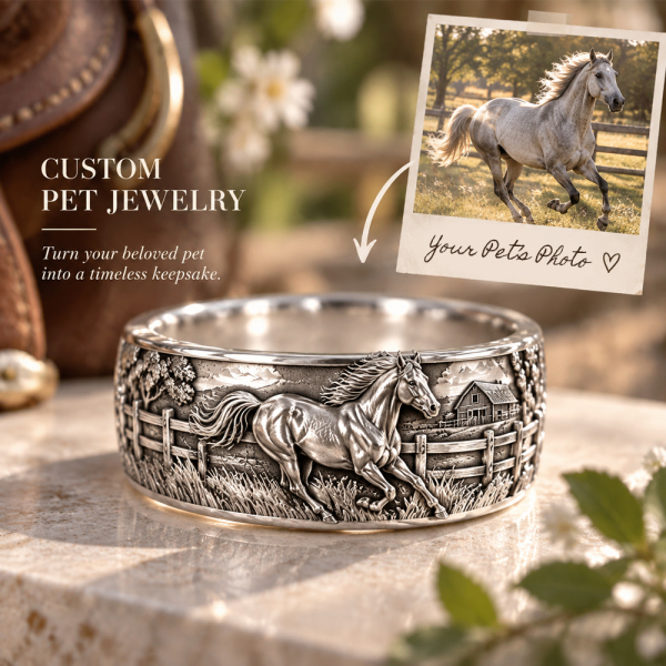 Personalized S925 Sterling Silver 3D Sculpted Horse Ring Custom Photo Pet Relief Ring Unique Pet Memorial Jewelry Gift for Pet Mom