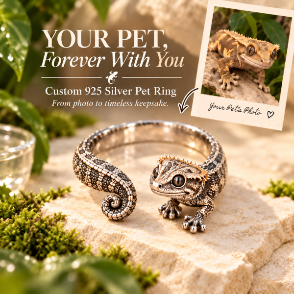 Custom 3D Relief Pet Photo Ring Personalized 925 Sterling Silver Wrap Crested Gecko Ring Gift for Pet Mom