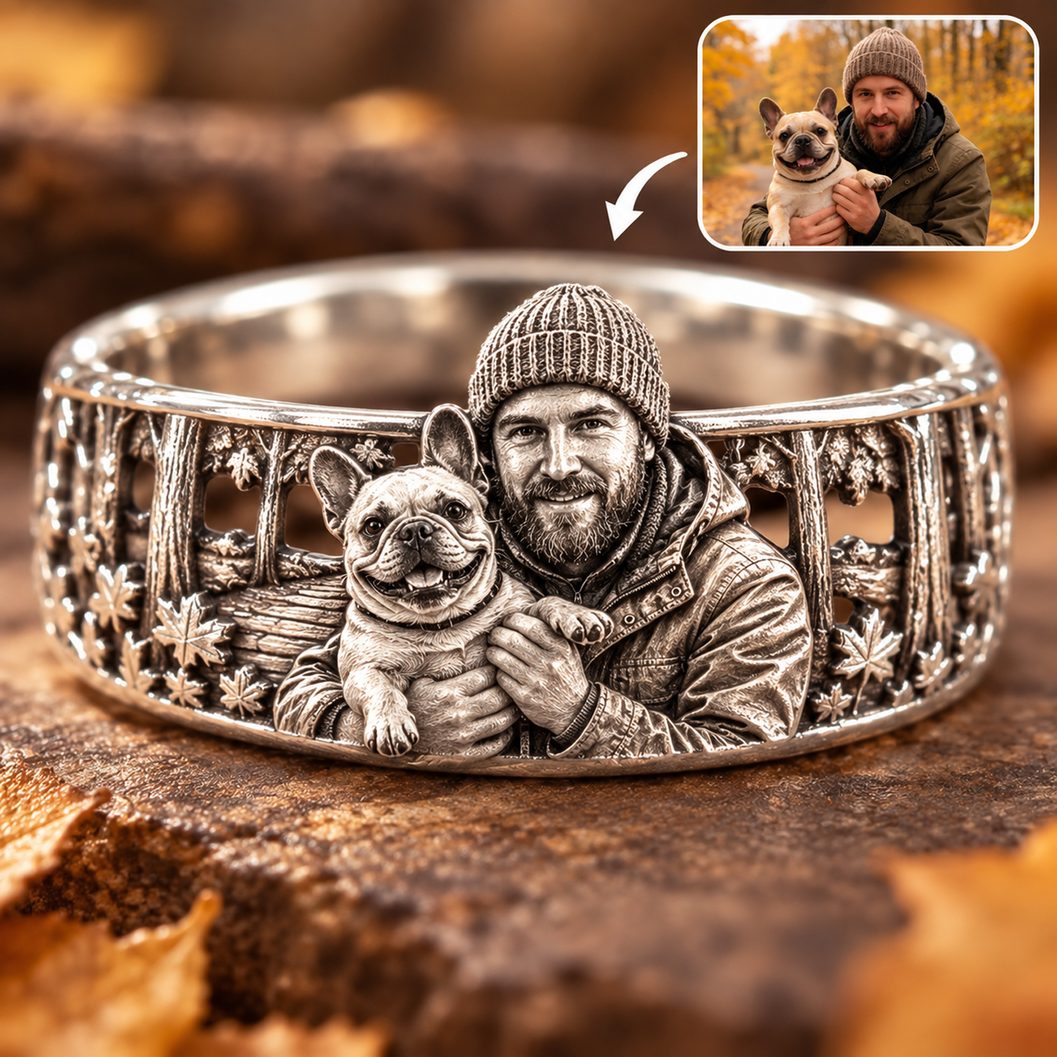Personalized S925 Sterling Silver 3D Sculpted French Bulldog Ring Custom Photo Pet Relief Ring Unique Pet Memorial Jewelry Gift for Dog Mom