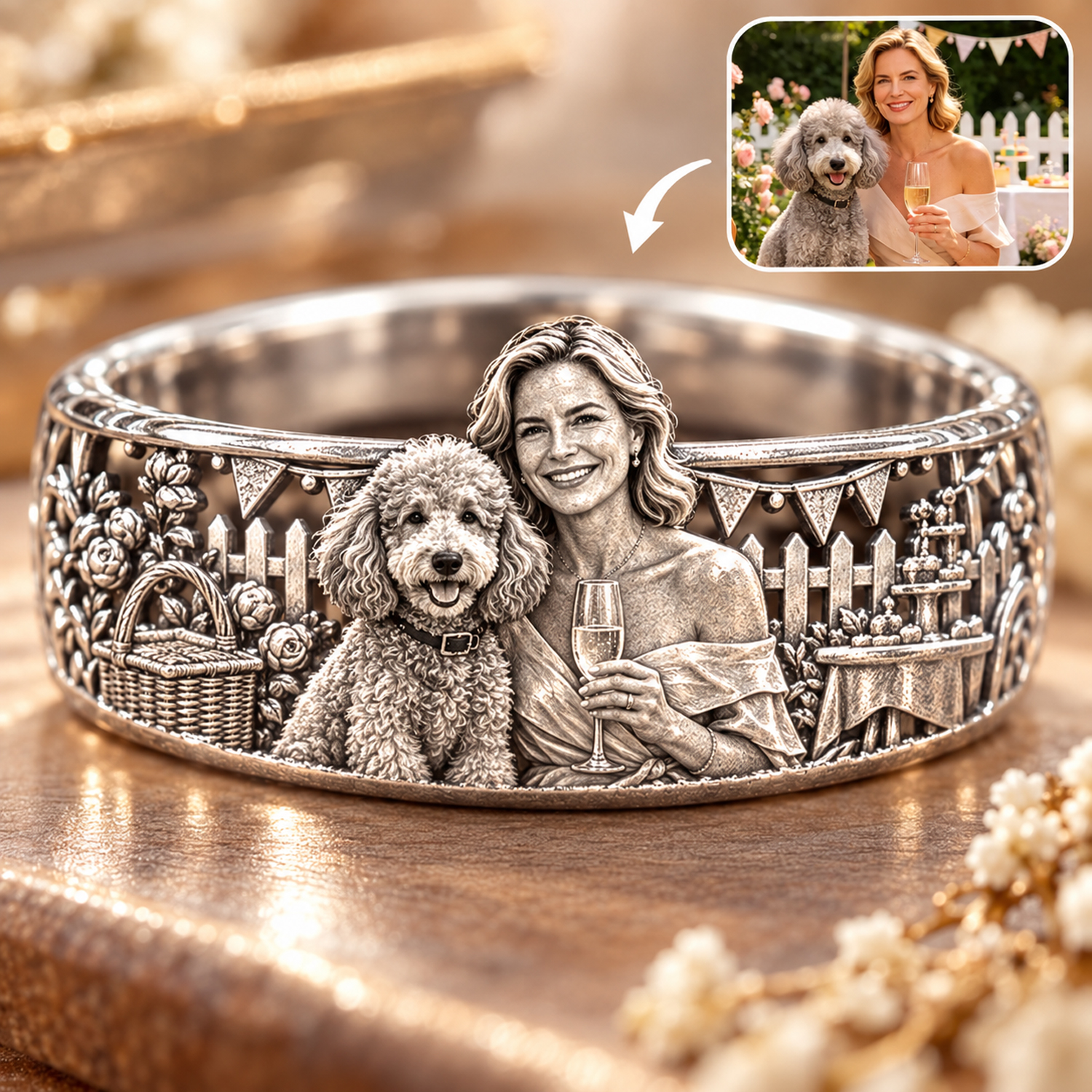 Personalized S925 Sterling Silver 3D Sculpted Poodle Ring Custom Photo Pet Relief Ring Unique Pet Memorial Jewelry Gift for Dog Mom
