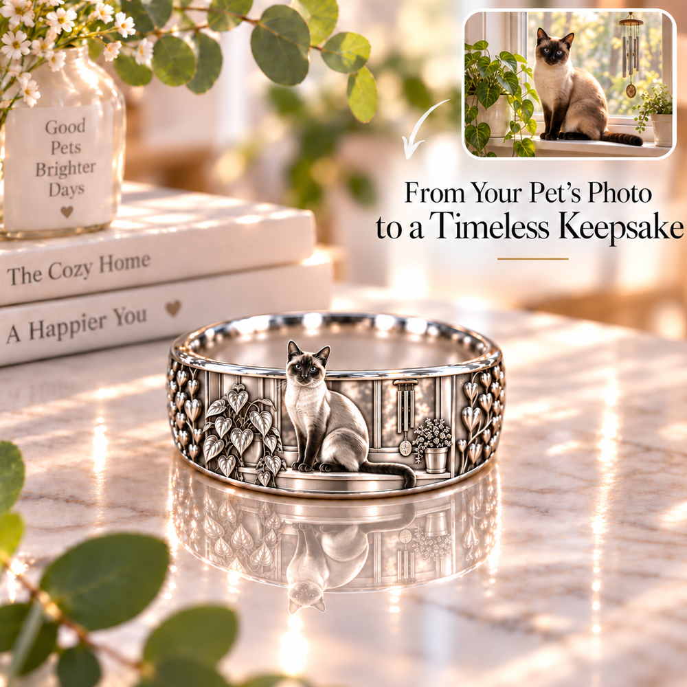 Personalized S925 Sterling Silver 3D Sculpted Siamese Ring Custom Photo Pet Relief Ring Unique Pet Memorial Jewelry Gift for Cat Mom