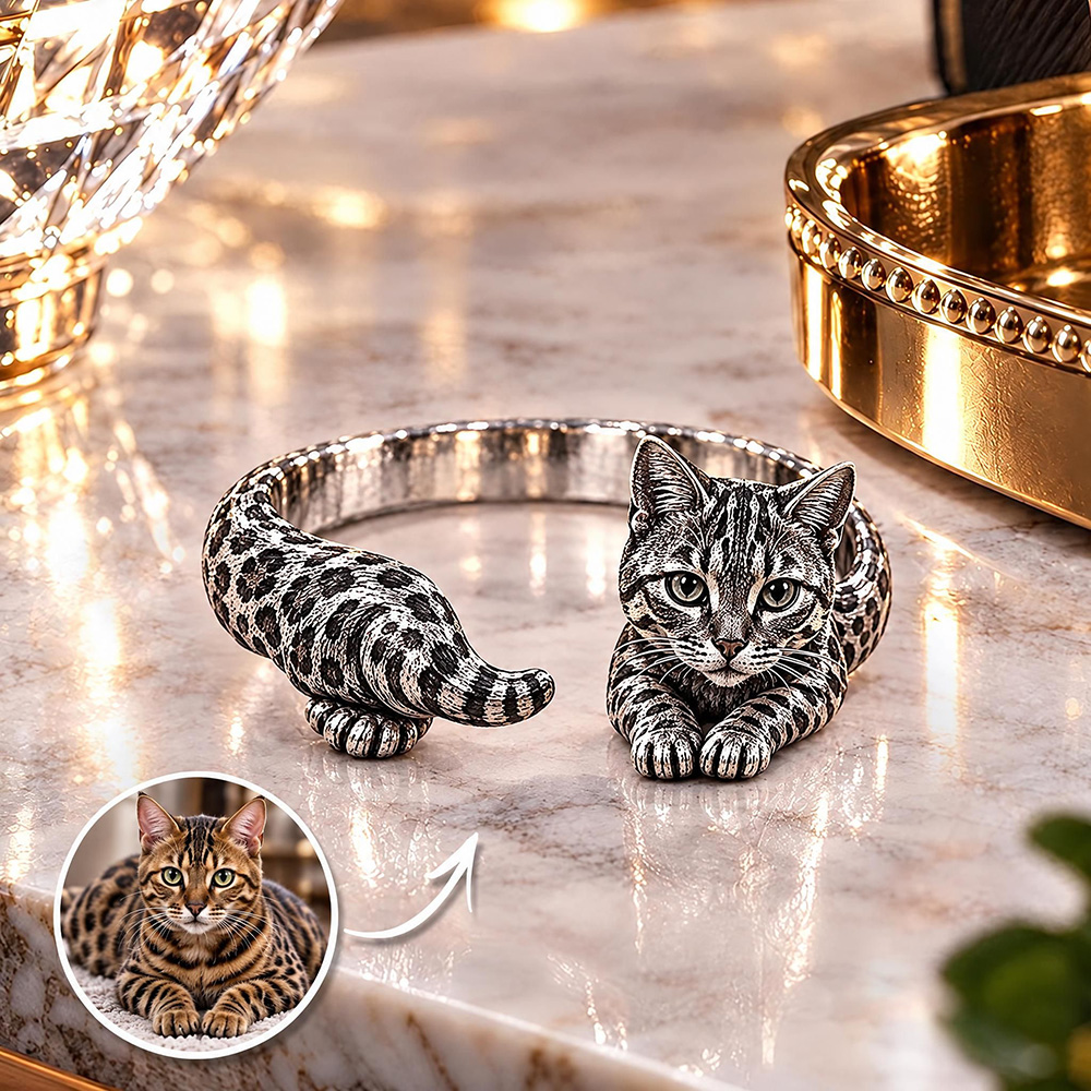 Custom 3D Relief Pet Photo Ring Personalized 925 Sterling Silver Wrap Bengal Ring Gift for Cat Mom