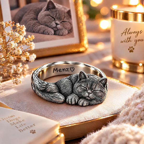 Custom 3D Embossed Sleeping Pet Ring Personalized 925 Sterling Silver Photo British Shorthair Ring Cat Memorial Gift