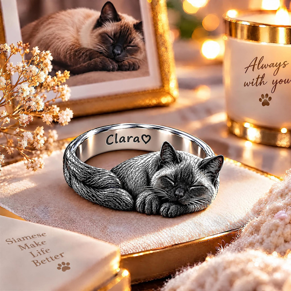 Custom 3D Embossed Sleeping Pet Ring Personalized 925 Sterling Silver Photo Siamese Ring Cat Memorial Gift