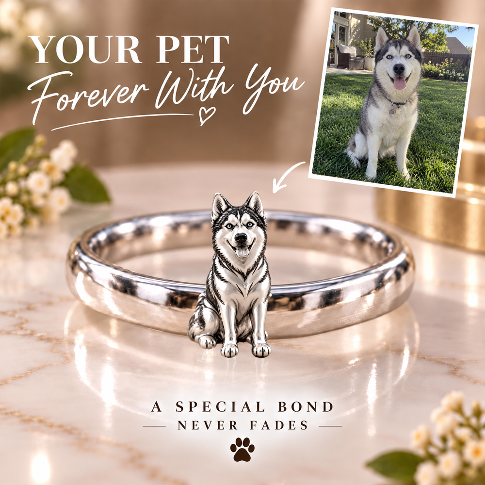 Personalized 3D Embossed Dog Ring Custom 925 Sterling Silver Full Body Husky Jewelry Memorial Pet Lover Gift