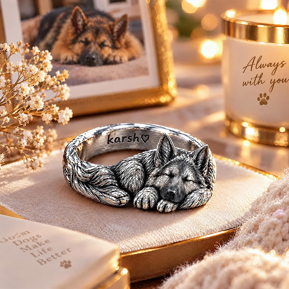 Custom 3D Embossed Sleeping Pet Ring Personalized 925 Sterling Silver Photo German Shepherd Ring Dog Memorial Gift