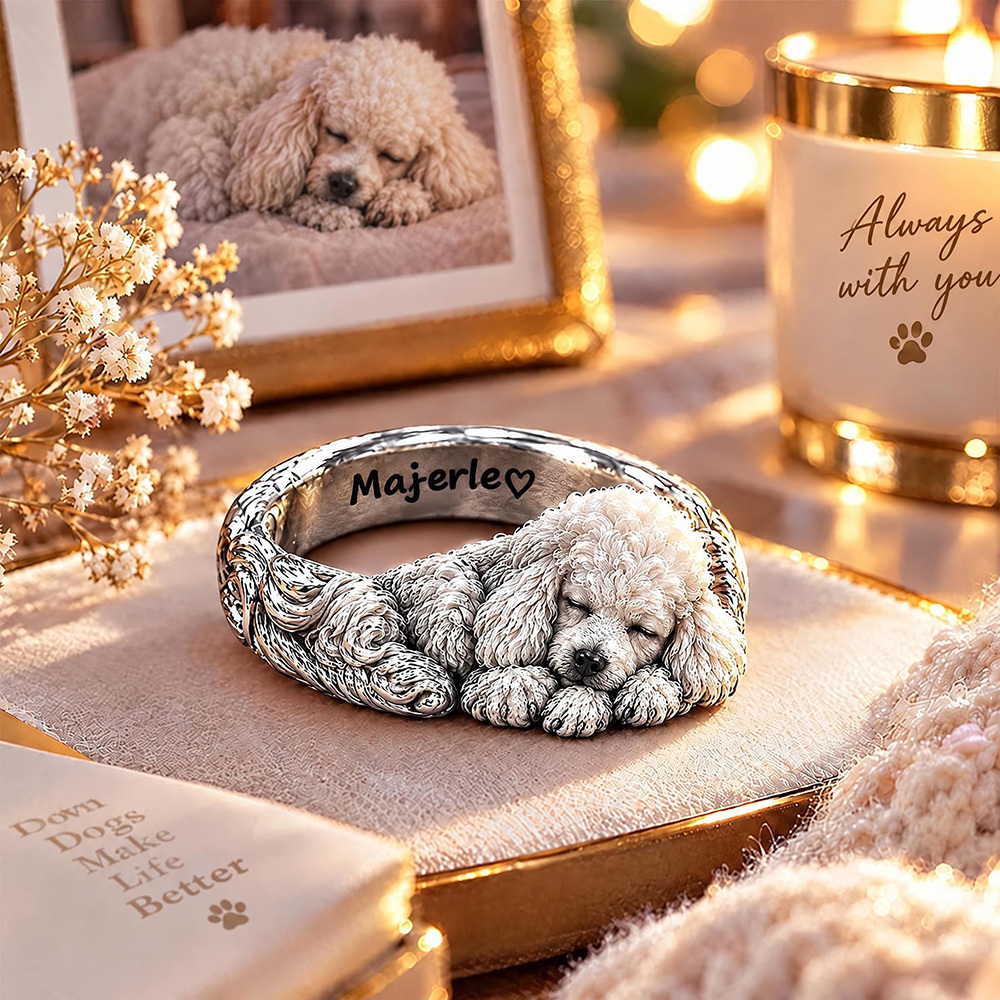 Custom 3D Embossed Sleeping Pet Ring Personalized 925 Sterling Silver Photo Poodle Ring Dog Memorial Gift