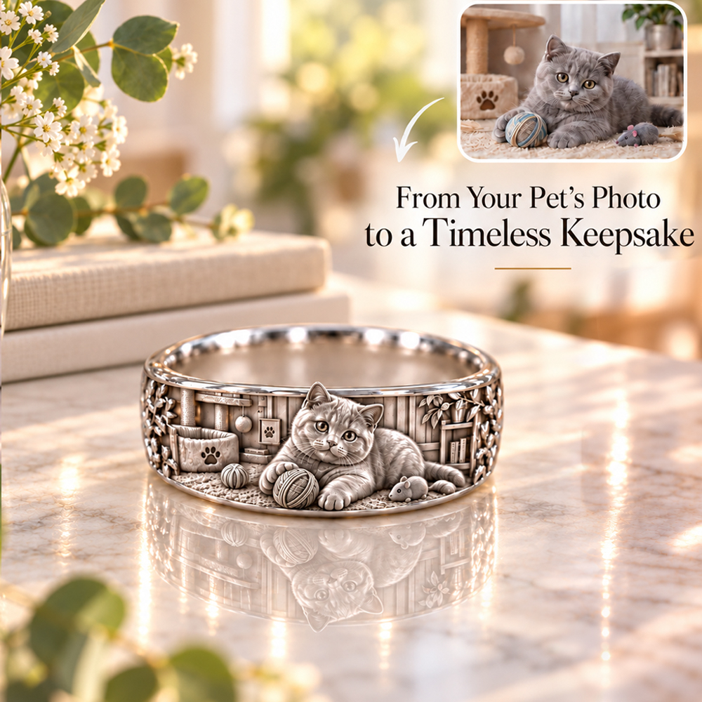 Personalized S925 Sterling Silver 3D Sculpted British Shorthair Ring Custom Photo Pet Relief Ring Unique Pet Memorial Jewelry Gift for Cat Mom