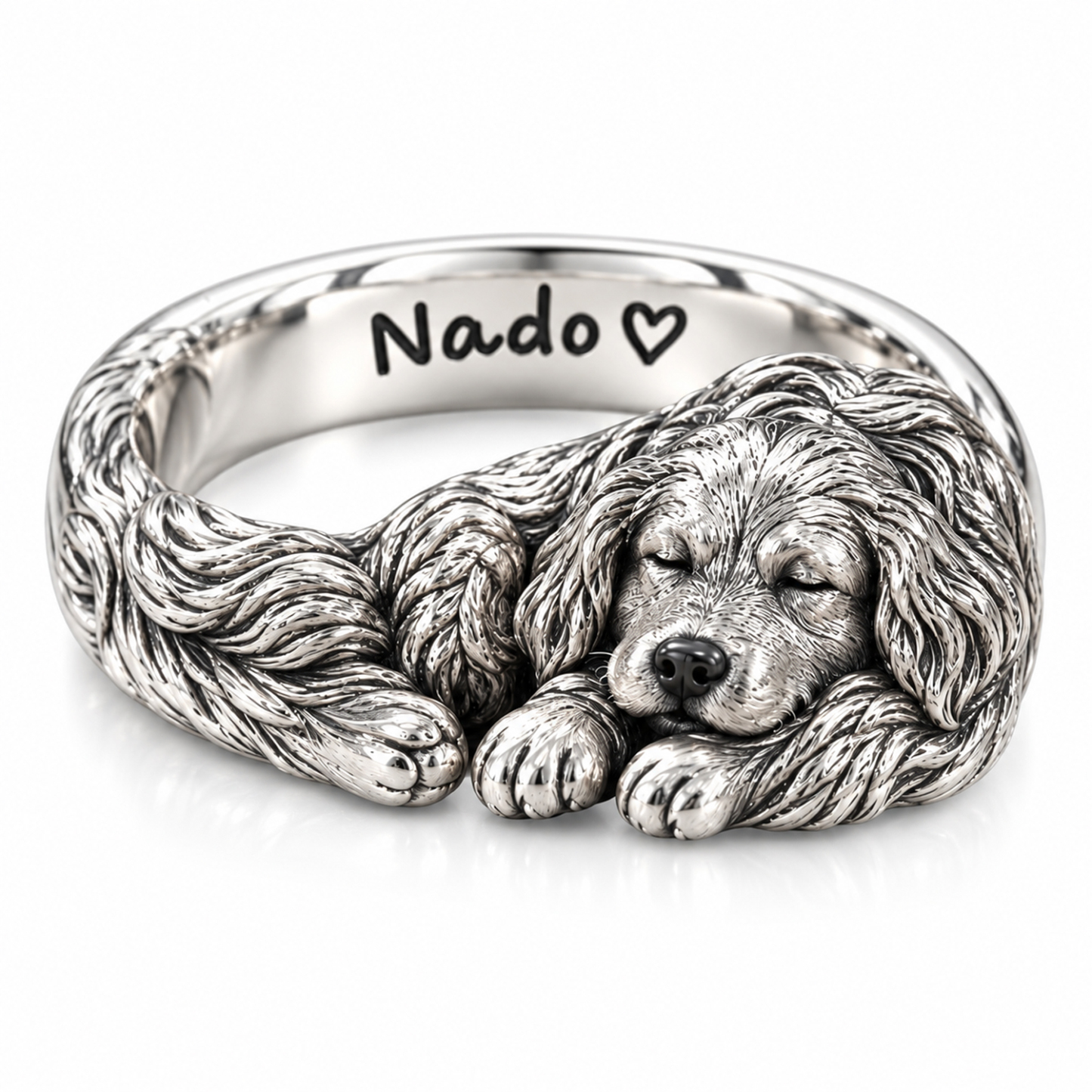 Personalized Dog Photo Ring – Custom 3D Sculpted 925 Sterling Silver Sleeping Pet Ring with Engraved Name